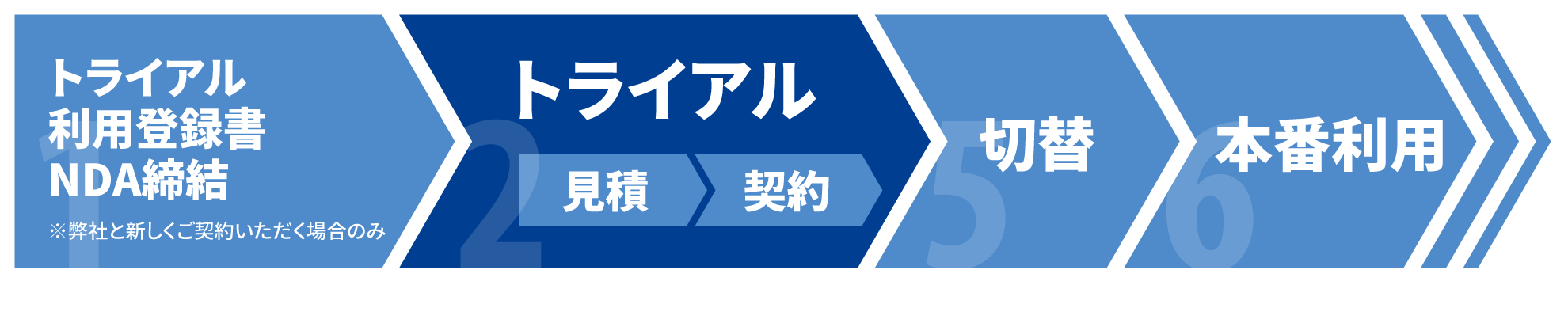 
					1.トライアル利用者登録書・NDA締結（弊社と新しくご契約いただく場合のみ）
					2.トライアル
					3.見積
					4.契約
					5.切替
					6.本番利用
				