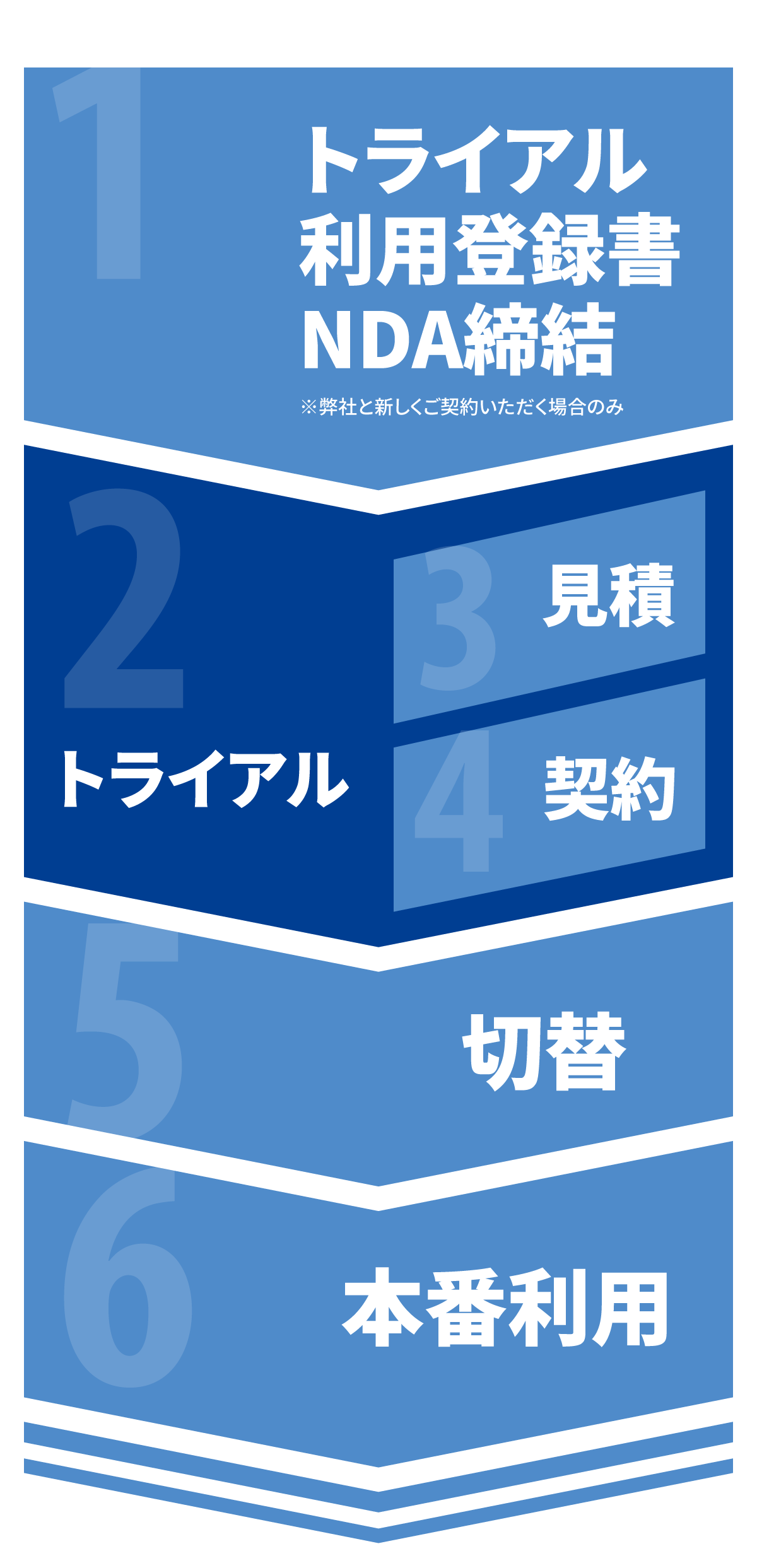 
					1.トライアル利用者登録書・NDA締結（弊社と新しくご契約いただく場合のみ）
					2.トライアル
					3.見積
					4.契約
					5.切替
					6.本番利用
				